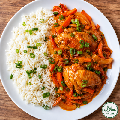 HAUT DE CUISSE DE POULET COREEN LAIT DE COCO – RIZ BASMATI – CAROTTES