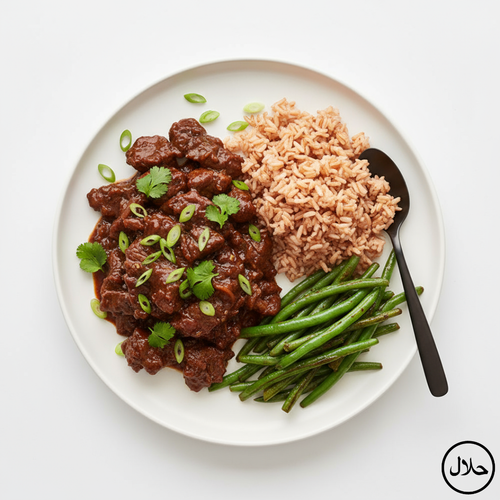 BOEUF SATÉ CORIANDRE – RIZ THAÏ COMPLET – HARICOTS VERTS