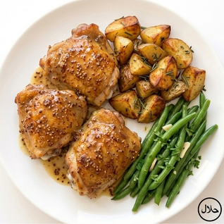 HAUT DE CUISSE DE POULET MOUTARDE MIEL – POMME DE TERRE – HARICOTS VERTS