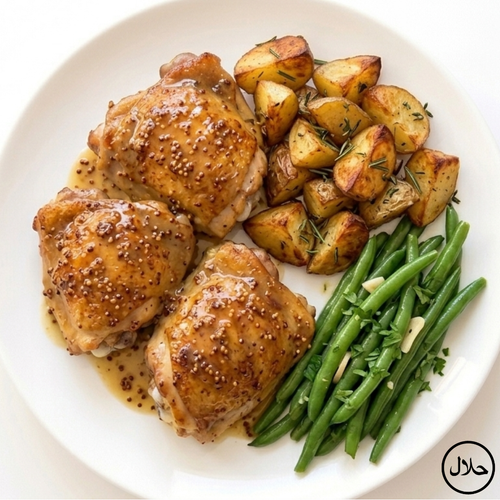 HAUT DE CUISSE DE POULET MOUTARDE MIEL – POMME DE TERRE – HARICOTS VERTS