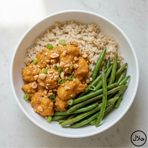 POULET SATAY ARACHIDE – RIZ THAÏ COMPLET - HARICOTS VERTS
