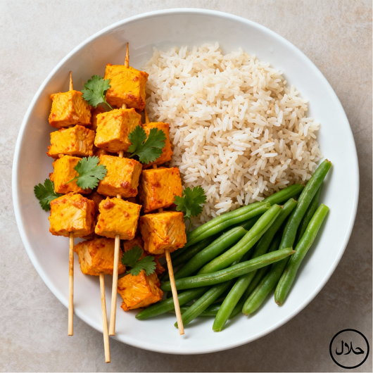 POULET SATÉ CORIANDRE – RIZ THAÏ COMPLET – HARICOTS VERTS
