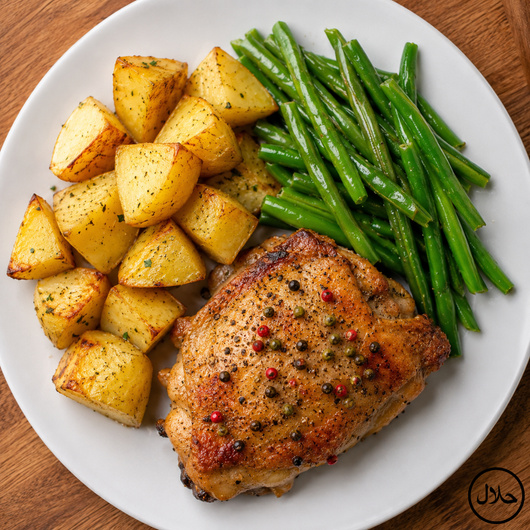 HAUT DE CUISSE DE POULET AUX 3 POIVRES - POMME DE TERRE - HARICOTS VERTS