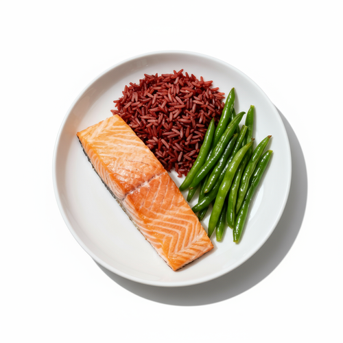 PAVÉ DE SAUMON – RIZ ROUGE THAÏ – HARICOTS VERTS