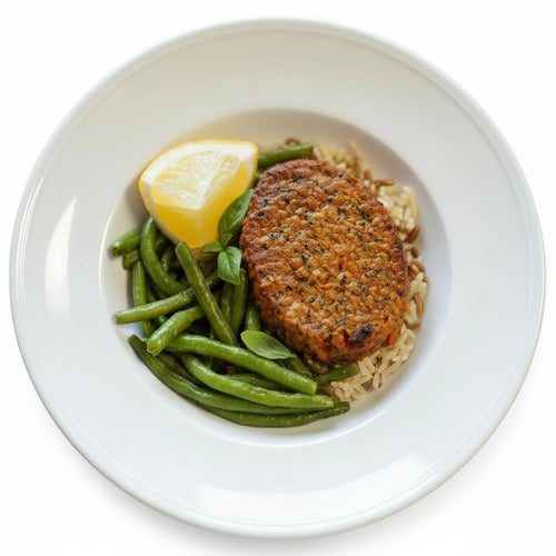 STEAK DE SOJA TOMATE BASILIC – RIZ THAÏ COMPLET – HARICOTS VERTS