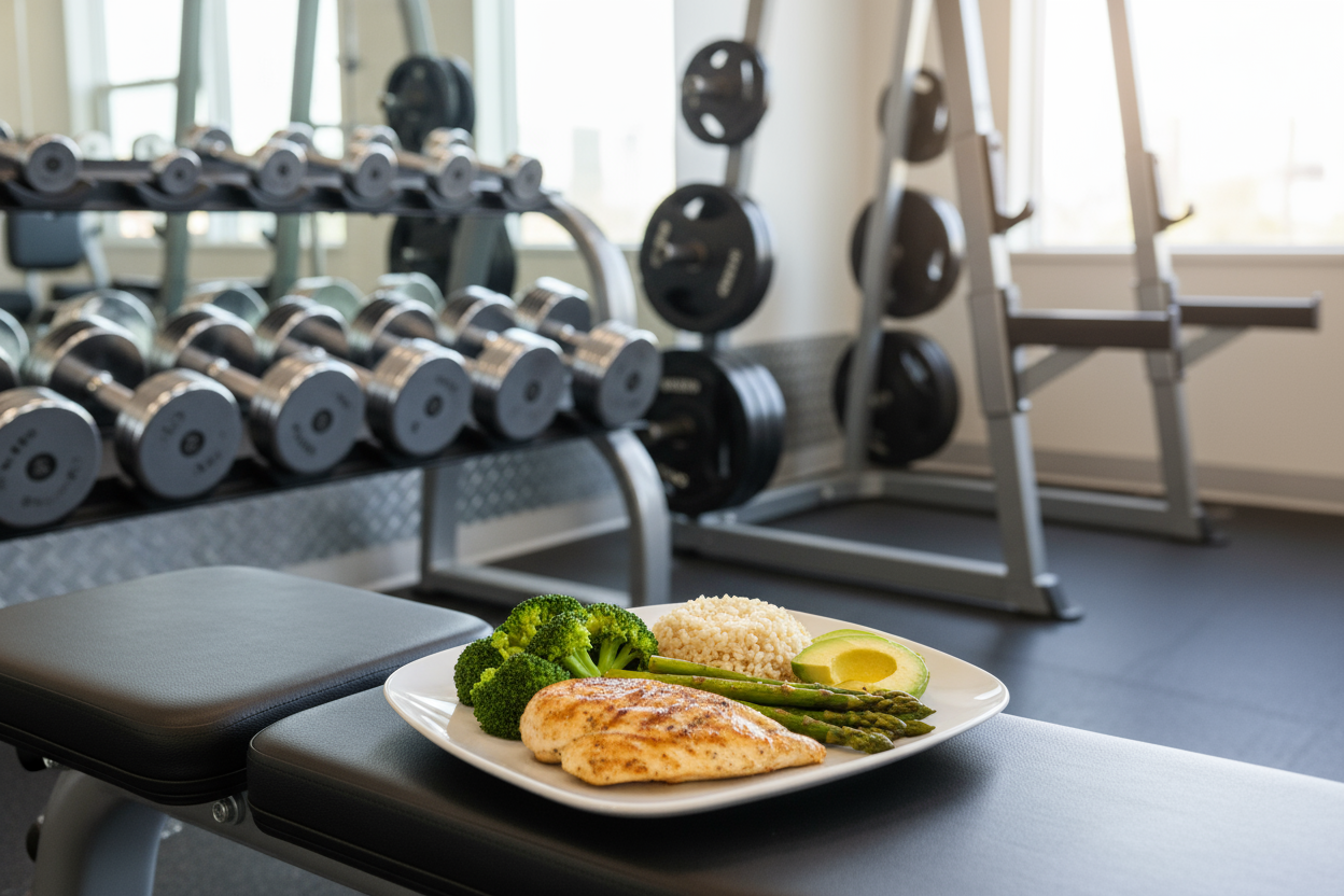 un plat diététique dans une salle de musculation en format d'image 1:1 carré